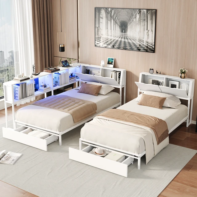 Alt view image 6 of 7 - 2 Twin Size Bed Frame with Storage Bookcase Divider and LED Lights, Double Twin Bed with Large Drawers and Headboard