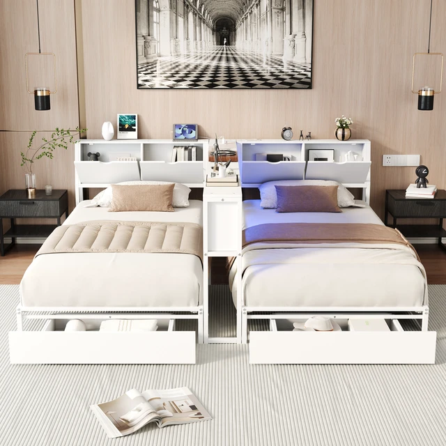 Alt view image 4 of 7 - 2 Twin Size Bed Frame with Storage Bookcase Divider and LED Lights, Double Twin Bed with Large Drawers and Headboard