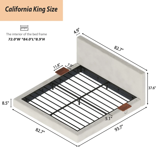 Alt view image 2 of 7 - Air Frame California King Bed Frame with Adjustable Sliding Side Table, 8.7 Inch Cloud Upholstered Sponge Cushion Easy