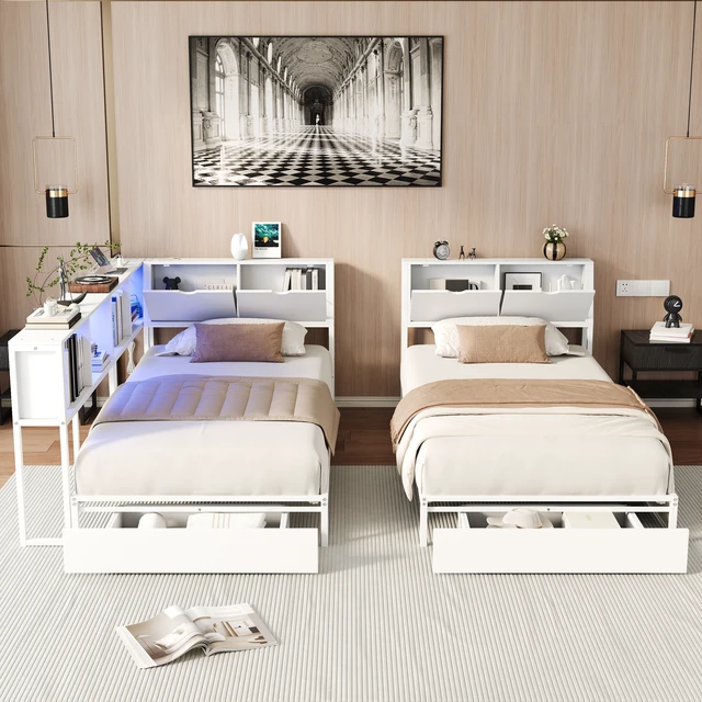 Alt view image 5 of 7 - 2 Twin Size Bed Frame with Storage Bookcase Divider and LED Lights, Double Twin Bed with Large Drawers and Headboard