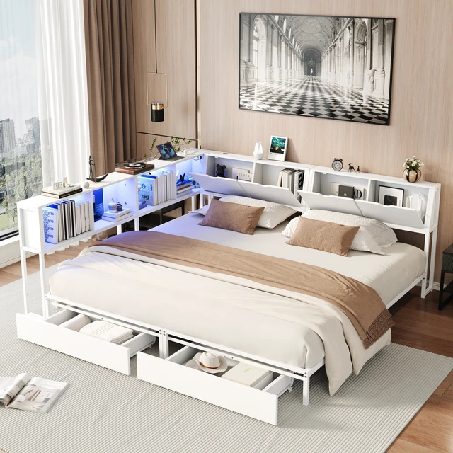 Alt view image 3 of 7 - 2 Twin Size Bed Frame with Storage Bookcase Divider and LED Lights, Double Twin Bed with Large Drawers and Headboard