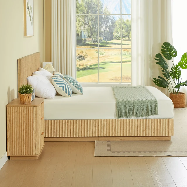 Alt view image 4 of 7 - King Size Bed Frame with LED Lights, Wooden Corrugated Curved Lines Convex Groove Board Design, Oak, MDF and Steel