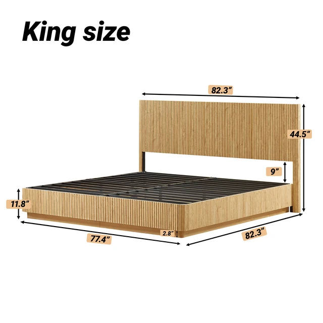 Alt view image 5 of 7 - King Size Bed Frame with LED Lights, Wooden Corrugated Curved Lines Convex Groove Board Design, Oak, MDF and Steel