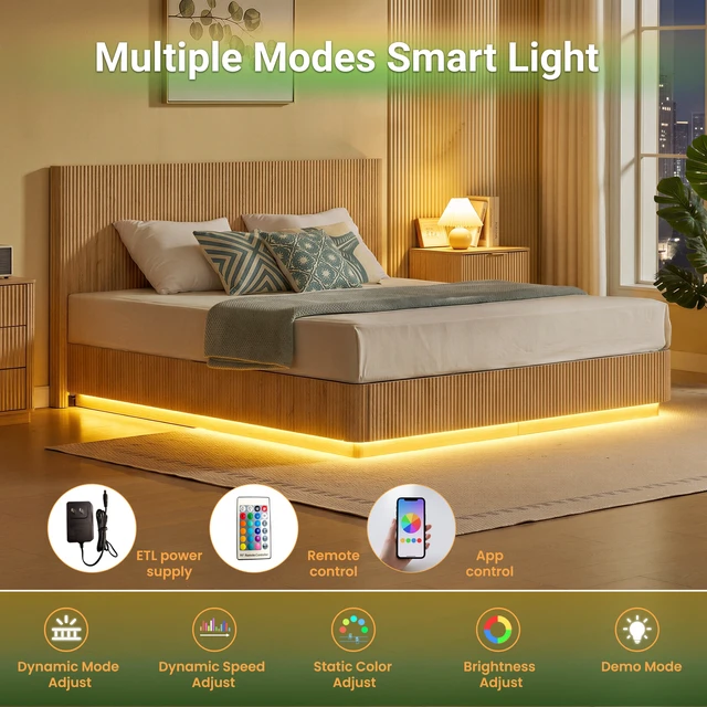 Alt view image 6 of 7 - King Size Bed Frame with LED Lights, Wooden Corrugated Curved Lines Convex Groove Board Design, Oak, MDF and Steel