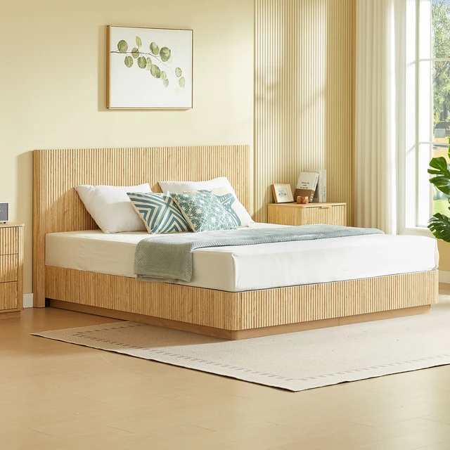 Alt view image 3 of 7 - King Size Bed Frame with LED Lights, Wooden Corrugated Curved Lines Convex Groove Board Design, Oak, MDF and Steel