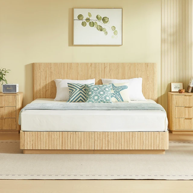 Main image of King Size Bed Frame with LED Lights, Wooden Corrugated Curved Lines Convex Groove Board Design, Oak, MDF and Steel