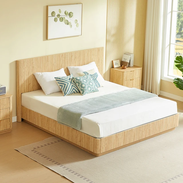 Alt view image 2 of 7 - King Size Bed Frame with LED Lights, Wooden Corrugated Curved Lines Convex Groove Board Design, Oak, MDF and Steel