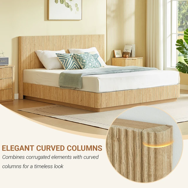 Alt view image 7 of 7 - King Size Bed Frame with LED Lights, Wooden Corrugated Curved Lines Convex Groove Board Design, Oak, MDF and Steel