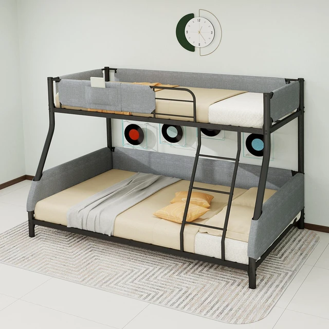Main image of Twin Over Full Metal Bunk Bed with Detachable Linen Storage Bags Space Saving Design for Kids and Adults, Black Grey