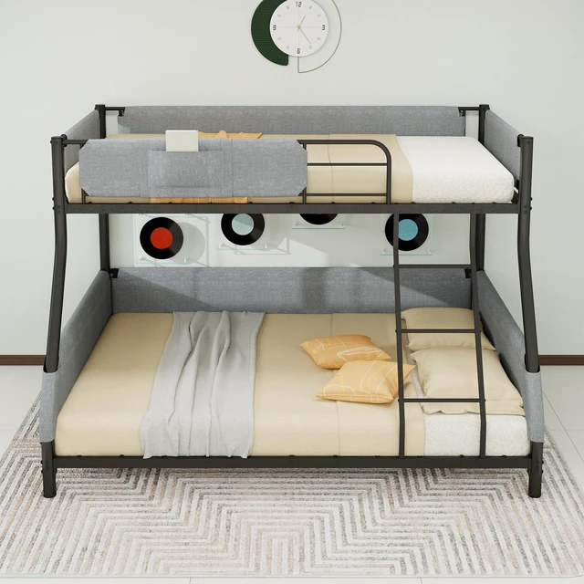 Alt view image 2 of 7 - Twin Over Full Metal Bunk Bed with Detachable Linen Storage Bags Space Saving Design for Kids and Adults, Black Grey