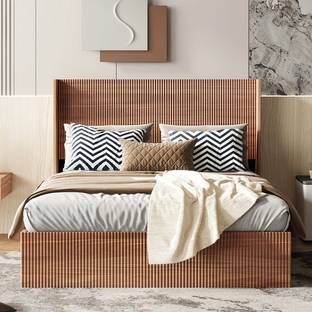 Main image of Queen Size Bed Frame with Grooved and Undulating Lifting Storage Function, Featuring Lifting Storage Feature Safe