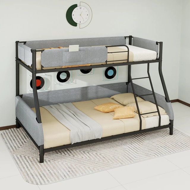 Alt view image 3 of 7 - Twin Over Full Metal Bunk Bed with Detachable Linen Storage Bags Space Saving Design for Kids and Adults, Black Grey