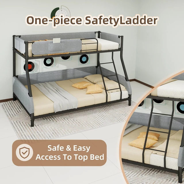 Alt view image 4 of 7 - Twin Over Full Metal Bunk Bed with Detachable Linen Storage Bags Space Saving Design for Kids and Adults, Black Grey