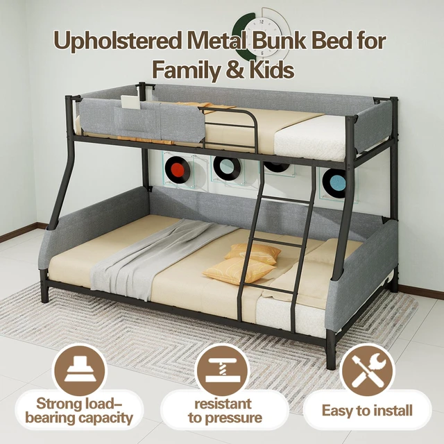 Alt view image 5 of 7 - Twin Over Full Metal Bunk Bed with Detachable Linen Storage Bags Space Saving Design for Kids and Adults, Black Grey
