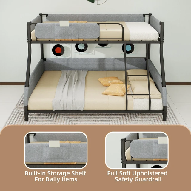 Alt view image 6 of 7 - Twin Over Full Metal Bunk Bed with Detachable Linen Storage Bags Space Saving Design for Kids and Adults, Black Grey