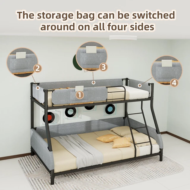 Alt view image 7 of 7 - Twin Over Full Metal Bunk Bed with Detachable Linen Storage Bags Space Saving Design for Kids and Adults, Black Grey