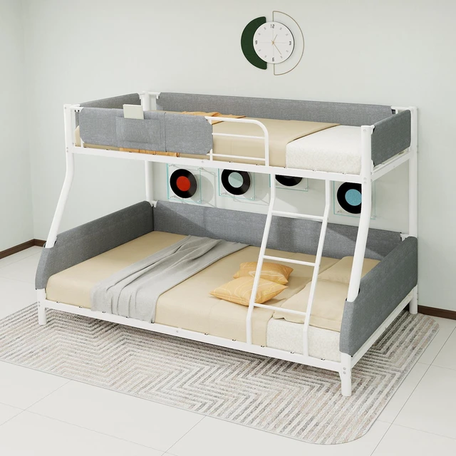 Main image of Twin Over Full Metal Bunk Bed with Detachable Linen Storage Bags Space Saving Design for Kids and Adults, Dark Gray