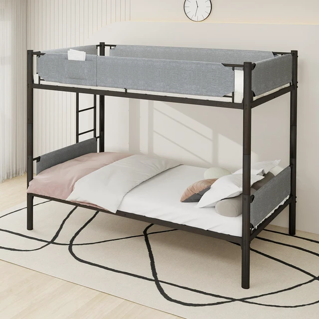 Main image of Iron Twin Bunk Bed with Removable Linen Storage Pockets, Convertible Into Two Beds Space Saving Design Adjustable