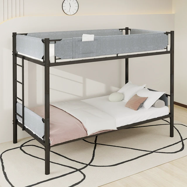 Alt view image 3 of 7 - Iron Twin Bunk Bed with Removable Linen Storage Pockets, Convertible Into Two Beds Space Saving Design Adjustable