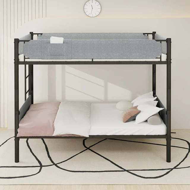 Alt view image 2 of 7 - Iron Twin Bunk Bed with Removable Linen Storage Pockets, Convertible Into Two Beds Space Saving Design Adjustable
