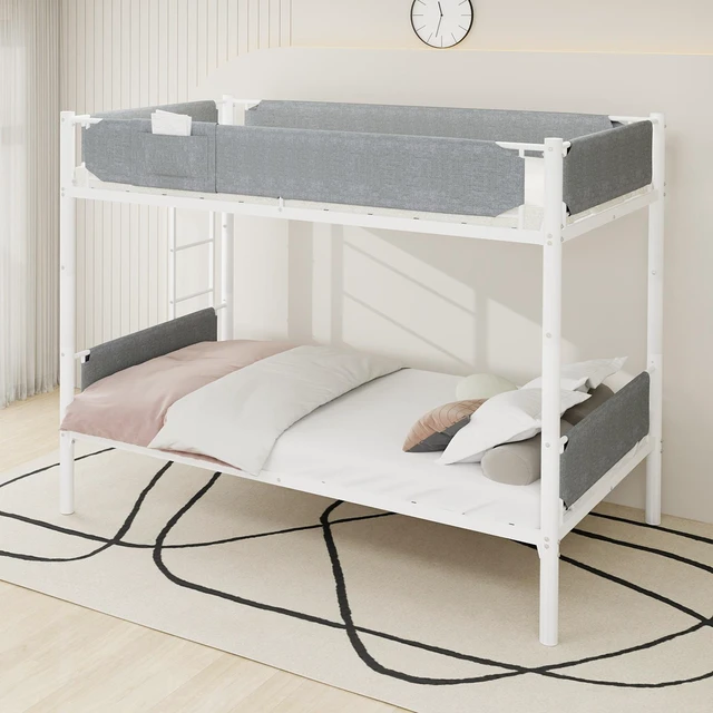 Alt view image 2 of 7 - Iron Twin Bunk Bed with Detachable Linen Storage Pockets, Convertible Two Twin Beds Flexible Installation Design