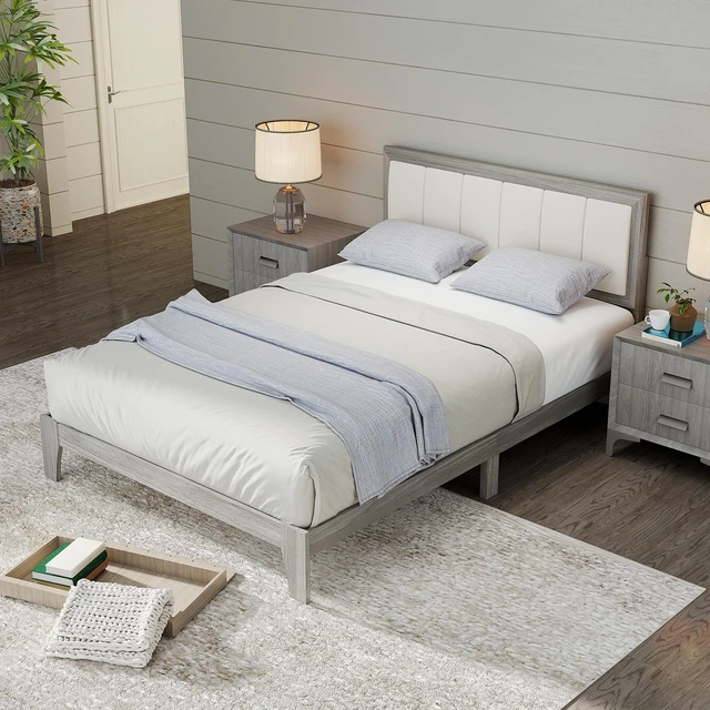 Alt view image 2 of 7 - Full Size Bed Frame with Upholstered Headboard, Platform Bed Frame with Wooden Slats Box Spring Needed Easy Assembly