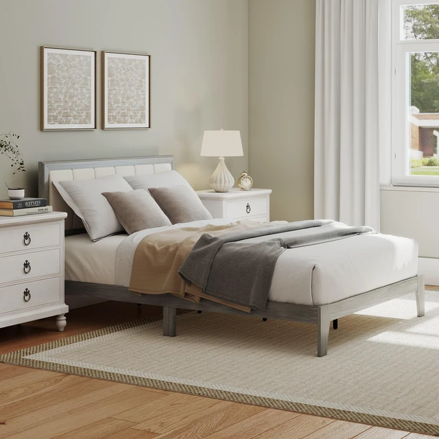 Alt view image 3 of 7 - Full Size Bed Frame with Upholstered Headboard, Platform Bed Frame with Wooden Slats Box Spring Needed Easy Assembly