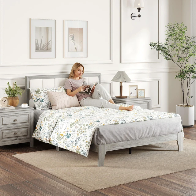 Alt view image 4 of 7 - Full Size Bed Frame with Upholstered Headboard, Platform Bed Frame with Wooden Slats Box Spring Needed Easy Assembly