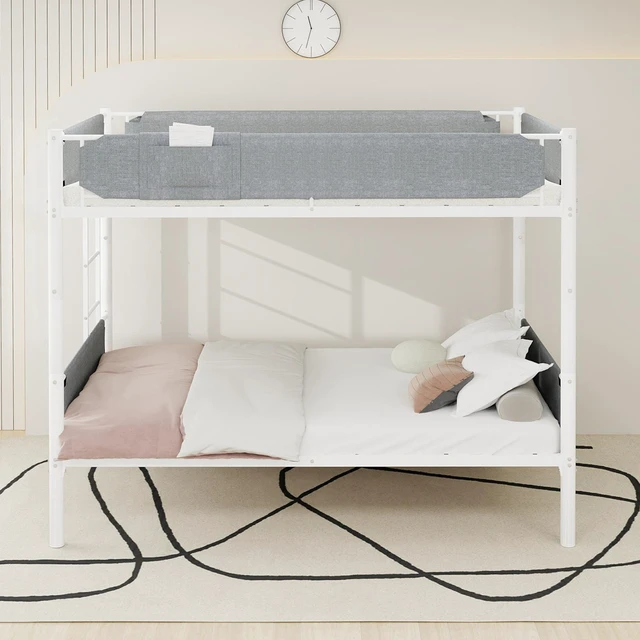Alt view image 3 of 7 - Iron Twin Bunk Bed with Detachable Linen Storage Pockets, Convertible Two Twin Beds Flexible Installation Design