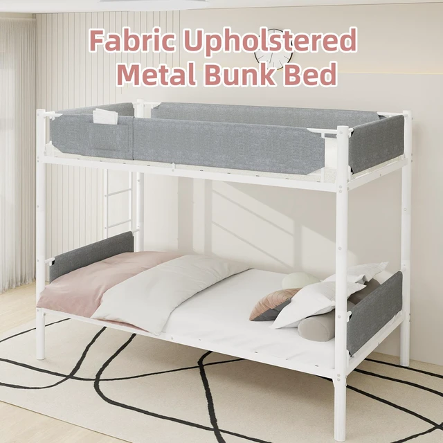 Alt view image 7 of 7 - Iron Twin Bunk Bed with Detachable Linen Storage Pockets, Convertible Two Twin Beds Flexible Installation Design