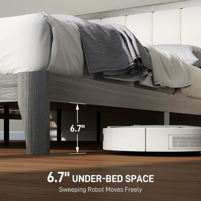 Alt view image 6 of 7 - Full Size Bed Frame with Upholstered Headboard, Platform Bed Frame with Wooden Slats Box Spring Needed Easy Assembly