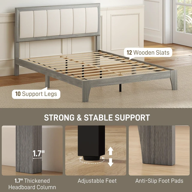 Alt view image 5 of 7 - Full Size Bed Frame with Upholstered Headboard, Platform Bed Frame with Wooden Slats Box Spring Needed Easy Assembly
