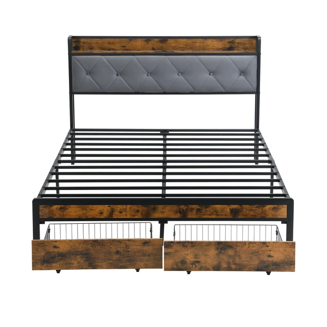 Alt view image 2 of 4 - Full Bed Frame with Storage, Bed Frame with LED Lights Upholstered Headboard and 2 Drawers USB and Charging Station Box