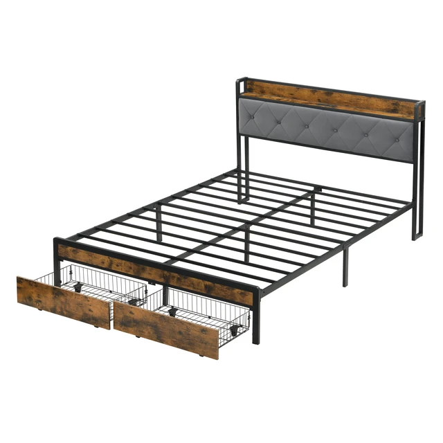 Alt view image 4 of 4 - Full Bed Frame with Storage, Bed Frame with LED Lights Upholstered Headboard and 2 Drawers USB and Charging Station Box