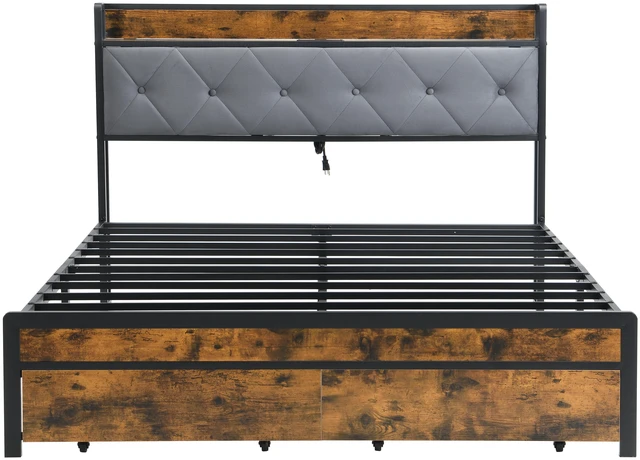 Main image of Full Bed Frame with Storage, Bed Frame with LED Lights Upholstered Headboard and 2 Drawers USB and Charging Station Box