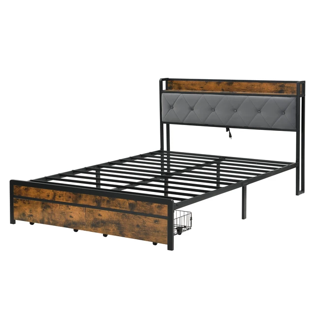 Alt view image 3 of 4 - Full Bed Frame with Storage, Bed Frame with LED Lights Upholstered Headboard and 2 Drawers USB and Charging Station Box