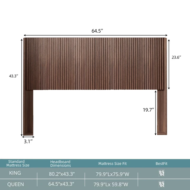 Alt view image 6 of 6 - Queen Size Headboard, Wall Mounted Wavy Fluted Panel with Outlets, Walnut Brown, Solid Wood and MDF, Beds Frames Bases