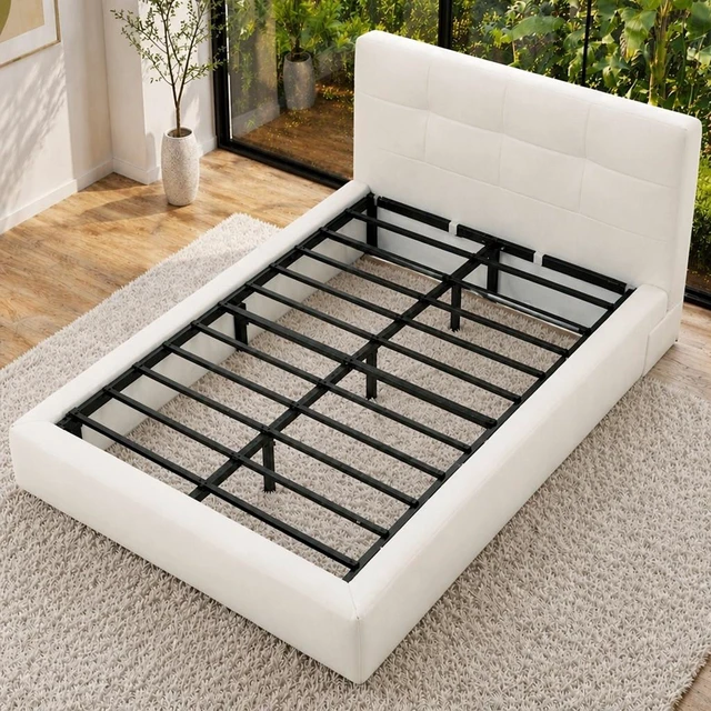 Alt view image 4 of 7 - King Size Compression Bed Upholstered Bed Frame with Headboard, Vacuum Sealed Foam with Metal Slats Box Spring Needed