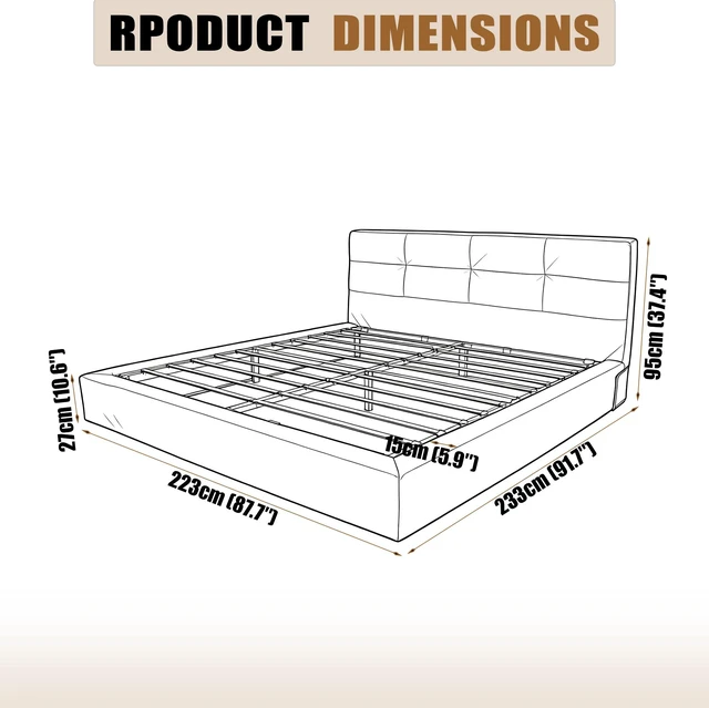 Alt view image 2 of 7 - King Size Compression Bed Upholstered Bed Frame with Headboard, Vacuum Sealed Foam with Metal Slats Box Spring Needed