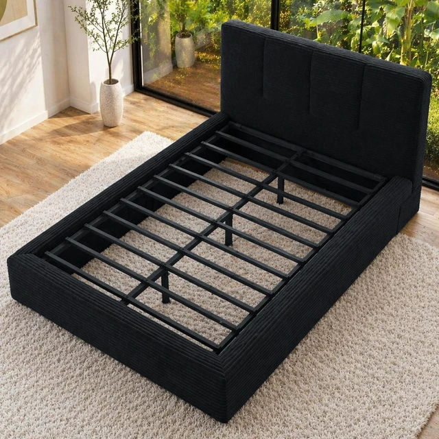 Alt view image 2 of 7 - Queen Size Compression Bed Upholstered Bed Frame with Headboard, Vacuum Sealed Foam with Metal Slats Box Spring Needed