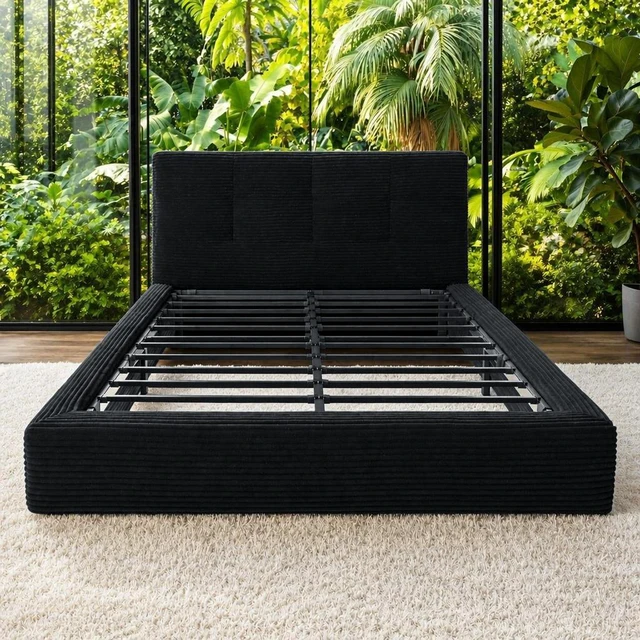 Alt view image 3 of 7 - Queen Size Compression Bed Upholstered Bed Frame with Headboard, Vacuum Sealed Foam with Metal Slats Box Spring Needed