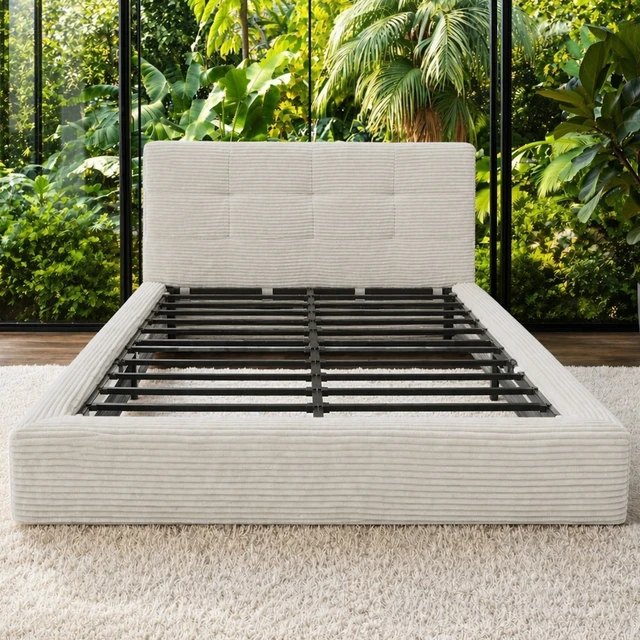Alt view image 2 of 7 - Queen Size Compression Bed Upholstered Bed Frame with Headboard, Vacuum Sealed Foam with Metal Slats Box Spring Needed