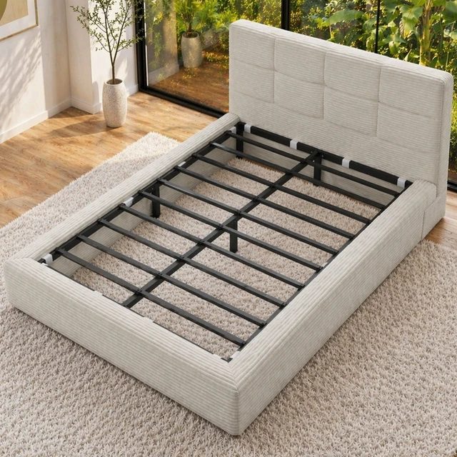 Alt view image 3 of 7 - Queen Size Compression Bed Upholstered Bed Frame with Headboard, Vacuum Sealed Foam with Metal Slats Box Spring Needed