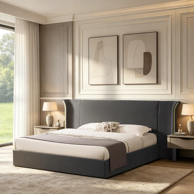 Main image of King Size Wing-Back Upholstered Bed Frame, High Large Padded Headboard Soft Chenille Fabric Solid Frame for Mattress