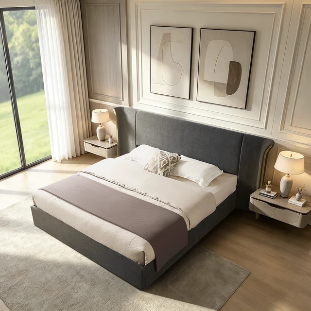 Alt view image 2 of 7 - King Size Wing-Back Upholstered Bed Frame, High Large Padded Headboard Soft Chenille Fabric Solid Frame for Mattress