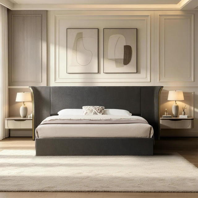 Alt view image 3 of 7 - King Size Wing-Back Upholstered Bed Frame, High Large Padded Headboard Soft Chenille Fabric Solid Frame for Mattress