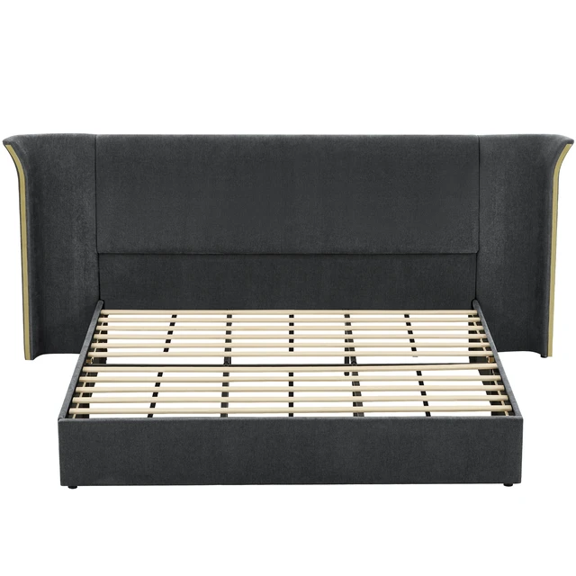 Alt view image 5 of 7 - King Size Wing-Back Upholstered Bed Frame, High Large Padded Headboard Soft Chenille Fabric Solid Frame for Mattress