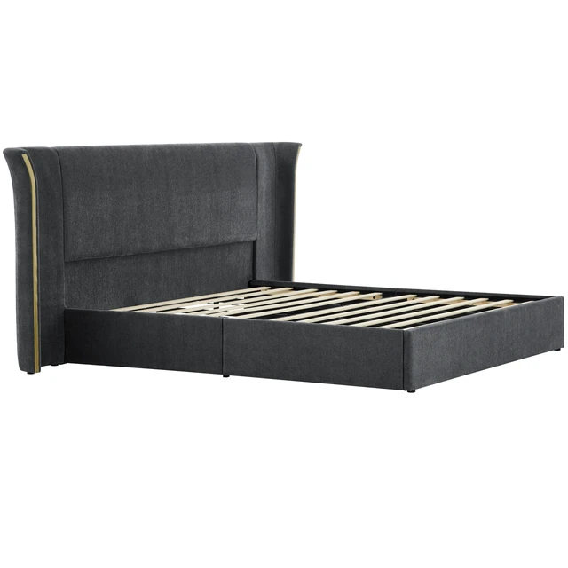Alt view image 6 of 7 - King Size Wing-Back Upholstered Bed Frame, High Large Padded Headboard Soft Chenille Fabric Solid Frame for Mattress