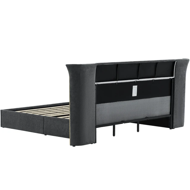 Alt view image 7 of 7 - King Size Wing-Back Upholstered Bed Frame, High Large Padded Headboard Soft Chenille Fabric Solid Frame for Mattress