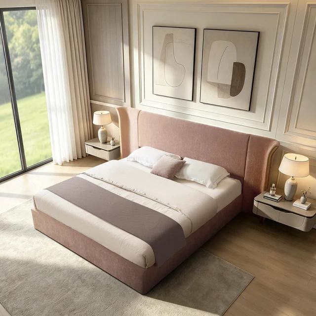 Alt view image 2 of 7 - King Size Wing-Back Upholstered Bed Frame, High Large Padded Headboard Soft Chenille Fabric Solid Frame for Mattress